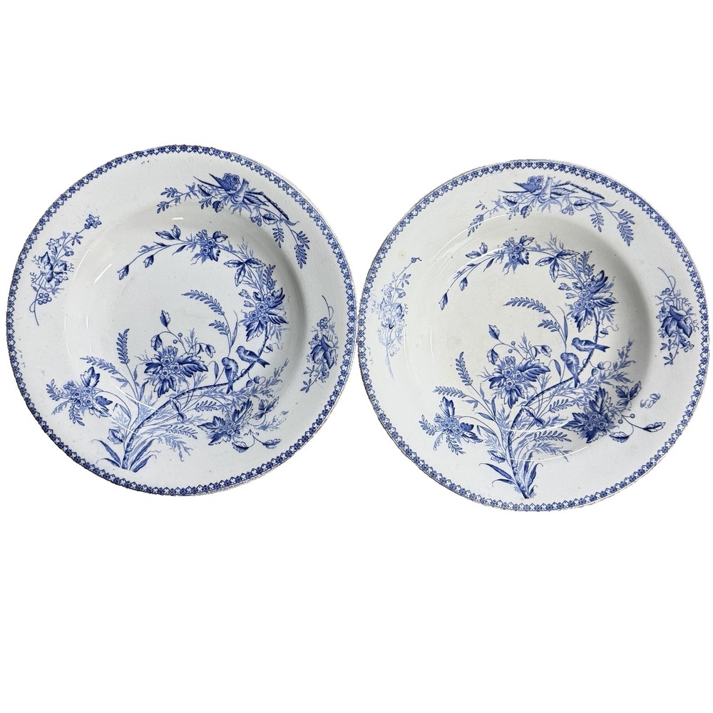 Göteborg Rörstrand Plate Set Of 2 White And Blue Bird 1900s 9.25" Flintware